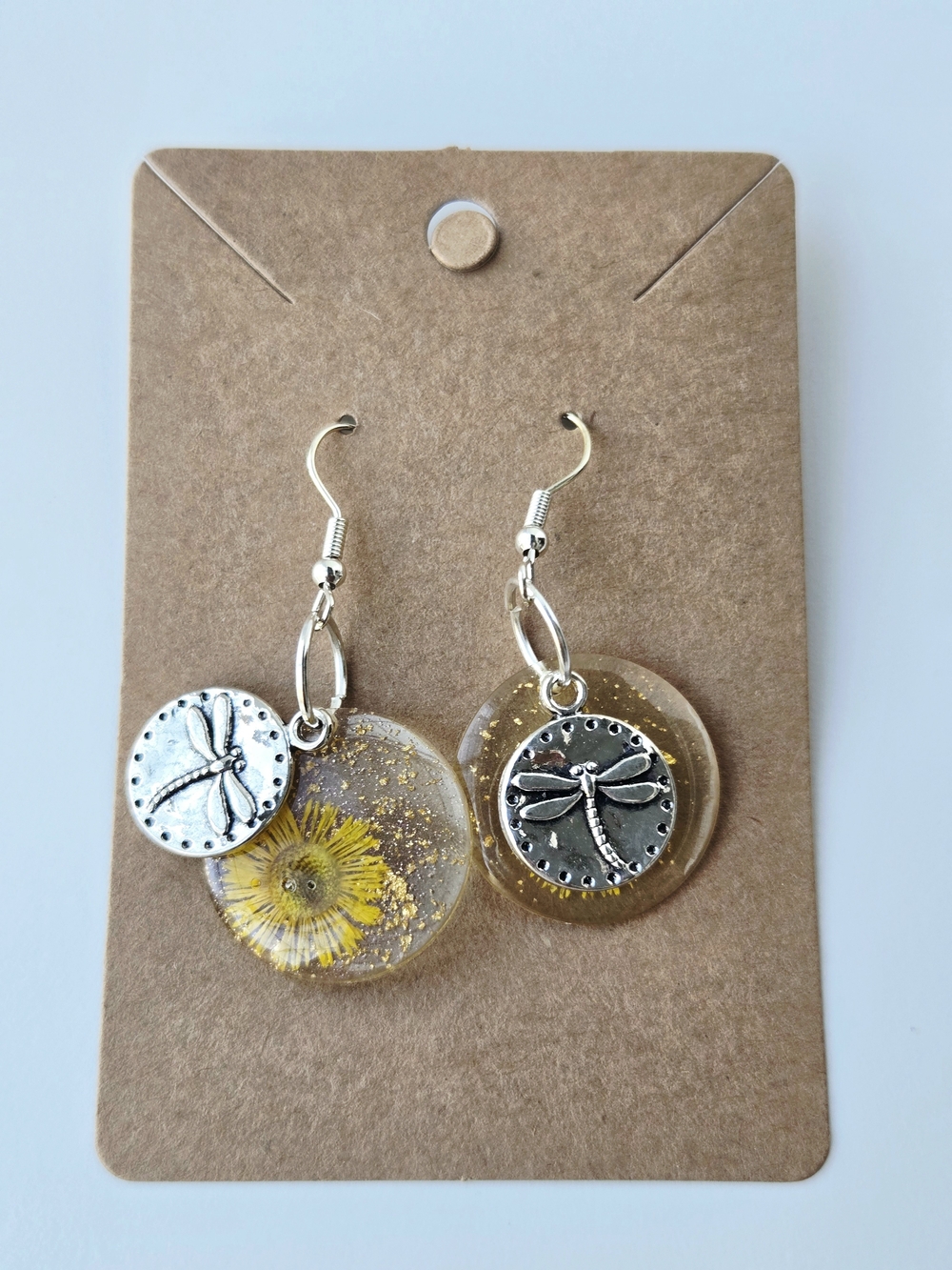 Silver Dragonfly Dangle Earrings with Yellow Resin Flower